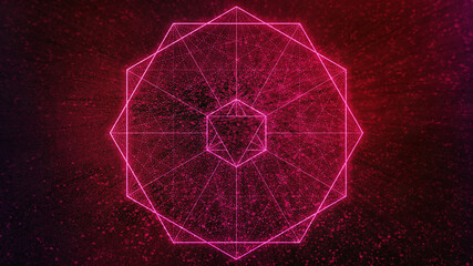 Wall Mural - Neon magenta sacred geometry hexagon & dark glitter background - abstract