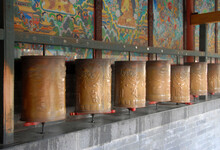 Wutaishan, Shanxi Province In China. Spinning Prayer Wheels At Tayuan Temple. Wutaishan Is One Of The Four Sacred Mountains In Chinese Buddhism.