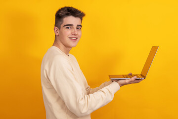 Sticker - young student or teenager with laptop isolated on background