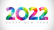 2022 A Happy New Year congrats concept. Stained glass logotype. Beautiful snowy backdrop. Abstract isolated graphic design template. Decorative numbers. Coloured digits. Creative colorful decoration.