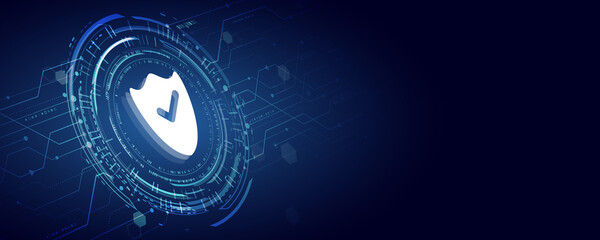 Fototapete - Cyber Security and information or network protection. 3d Internet security concept with shield and hi-tech technology elements background.