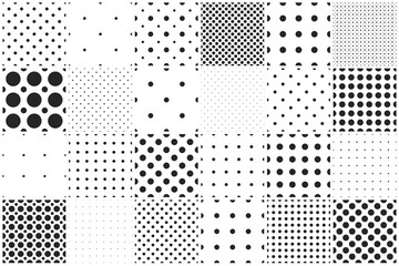 Collection of vector geometric seamless simple patterns - dotted textures. Repeatable black and white backgrounds, trendy minimalistic design