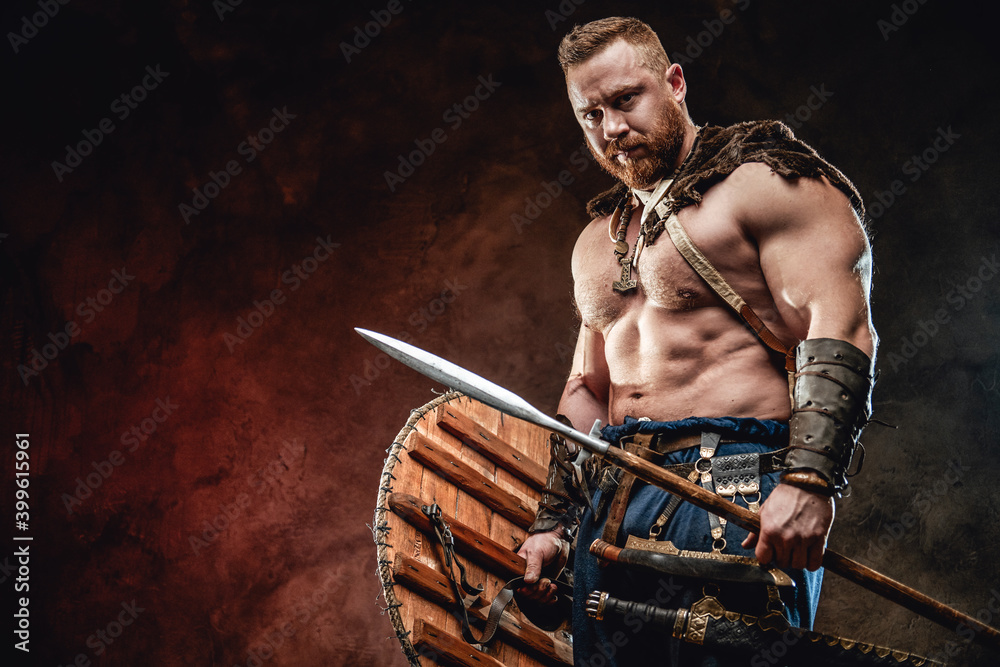 Muscular and nude viking with fur and beard holding spear and shield in