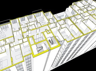 3d illustration of a modern residential building. Partial cross section plan perspective with black background. Wall sections are in yellow and 2d furniture on the ground. 