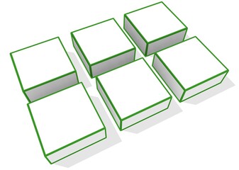 Poster - 3d illustration of six white square boxes with green colored line outlines and shadows. Geometrical shape perspective looking from top left in ambient shadows. 