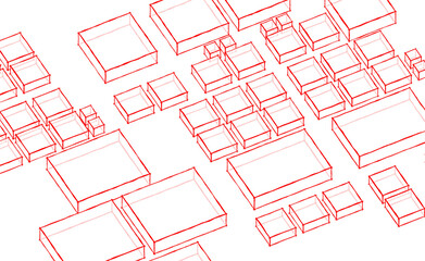 Poster - Abstract 3d illustration texture background with red color outlined transparent rectangular cubes in different sizes. 