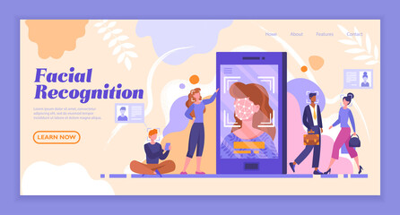 Poster - facial recognition concept. verification of human face in the crowd horizontal banner. electronic id