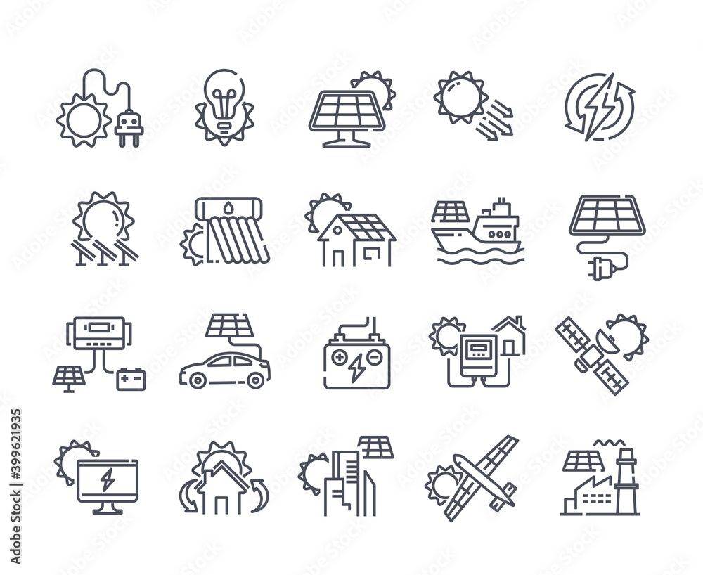 Solar panel outline icon set. Sun power photovoltaic PV home system and renewable electric energy technology editable stroke line signs house, cell, battery, vehicle, aircraft and spacecraft, ship - obrazy, fototapety, plakaty 