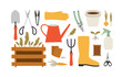 Vector illustration of gardening tools isolated on a white background. Watering can, trowel, seedling, rake, pruner, glove, seeds, rubber boot, threads, scissors, atomizer. Concept of healthy eating.