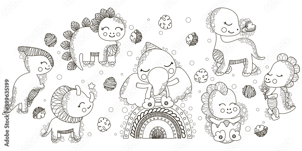 Set of black and white cute cartoon joyful kawaii dinosaurs and ...