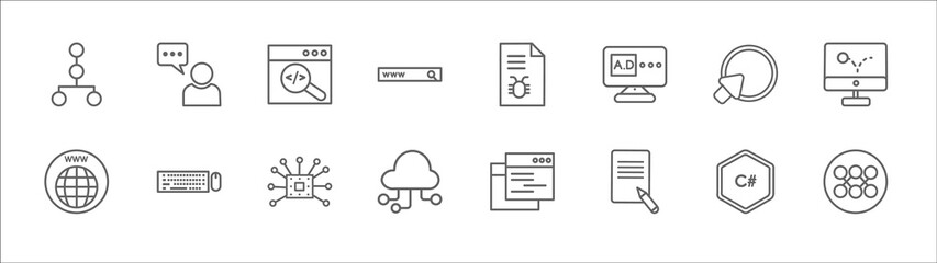 Poster - outline set of seo line icons. linear vector icons such as seo consulting, code review, bug report, 