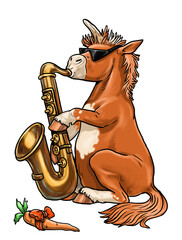Wall Mural - Funny unicorn plays jazz with saxophone. Template for coloring for kids and horse lovers.	