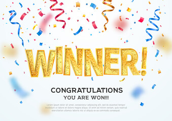 golden winner word on white background with colorful confetti. winning vector illustration template.