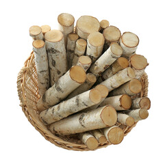 Wicker basket with firewood on white background, top view