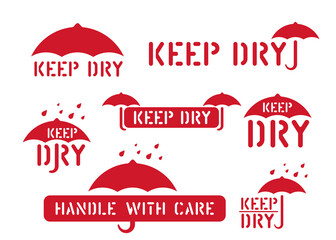 Wall Mural - Keep dry, handle with care, fragile, retro sticker. Logistics clean rubber stamp set for cargo and logistics. vector illustration with umbrella box sign.