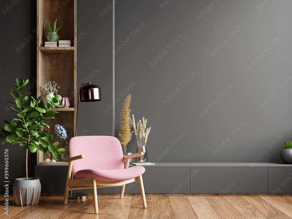 Colorful interior with a pink armchair on empty dark wall background. - obrazy, fototapety, plakaty 