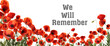 Remembrance day card. Red poppy flowers and text We Will Remember on white background