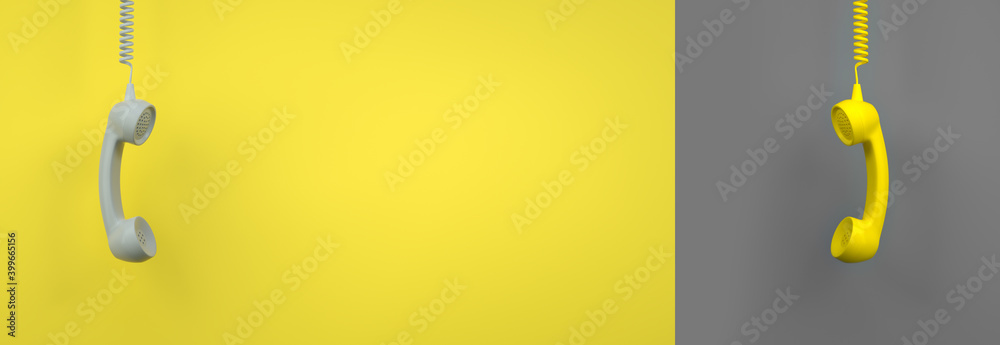 Shot of a yellow landline telephone receiver with gray copy space for individual text - obrazy, fototapety, plakaty 