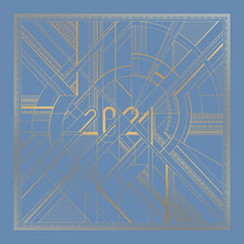 Gold Art Deco 2021 New Year Frame On Blue Background