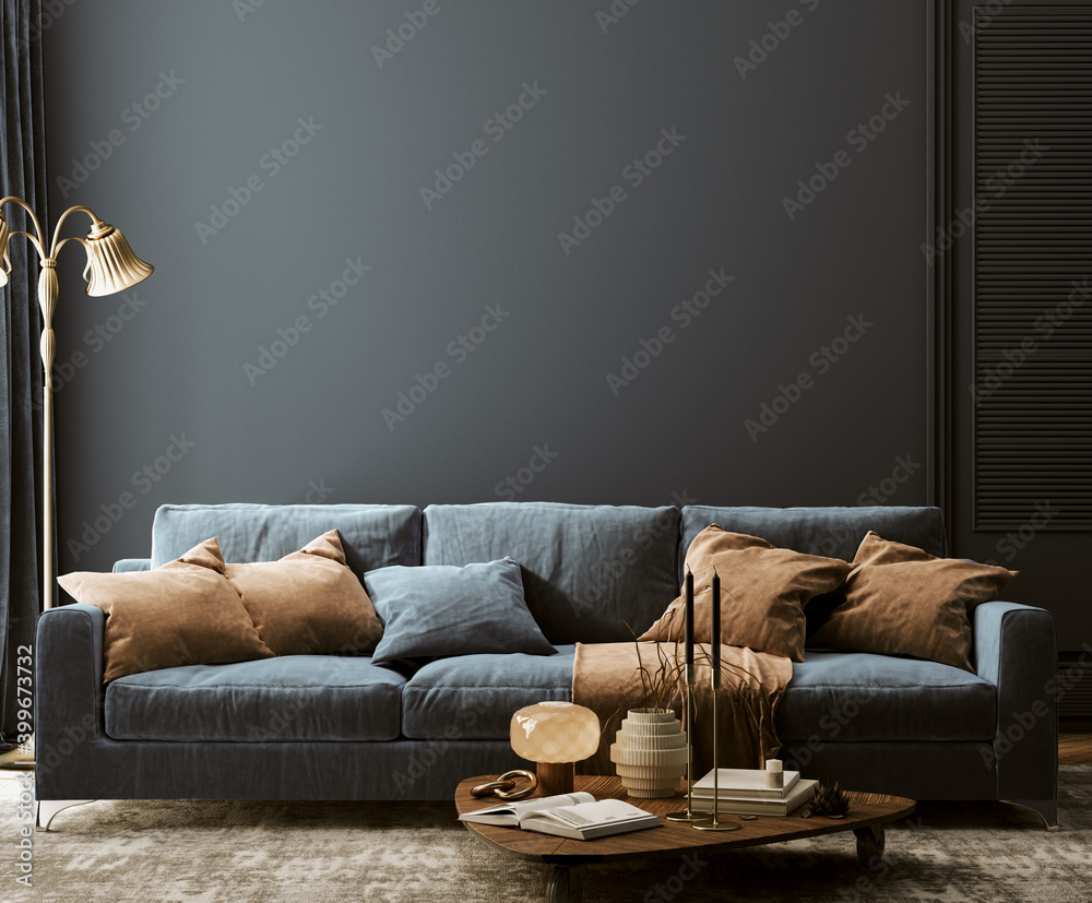 Modern home interior mock-up with dark blue sofa, table and decor in living room, 3d render - obrazy, fototapety, plakaty 