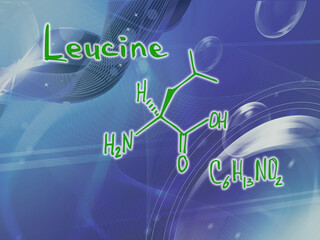 Chemical molecular formula of the amino acid leucine f . Infographics. Abstract bright glitter blue background.