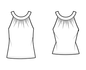 Set of Tops rounded neck band tank technical fashion illustration with ruching, fitted and oversized body, tunic length, button keyhole. Flat shirt template front white color. Women, unisex CAD mockup