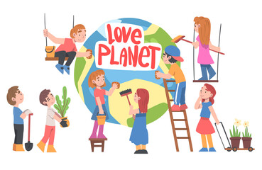 Sticker - Love Planet Concept, Cute Kids Taking Care about Ecology, Conservation of Planet Resources, Environmental Protection Cartoon Vector Illustration