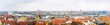 Rooftop panorama of Budapest overlooking Chain bridge and Parliament on cloudy winter day. Hungary