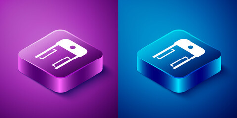 Poster - Isometric Metal detector in airport icon isolated on blue and purple background. Airport security guard on metal detector check point. Square button. Vector.