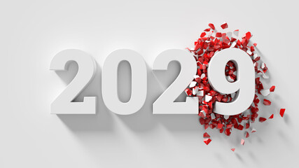 Poster - 3d render of text title with changed date to a new year. White color with red fracture fragments.