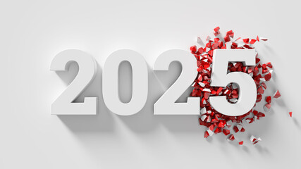 Poster - 3d render of text title with changed date to a new year. White color with red fracture fragments.