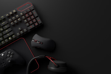 Poster - Top view of gamer workspace and gear like mouse, keyboard, joystick, headset, VR