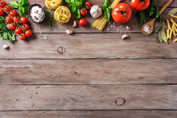 Poster - Uncooked pasta and vegetables cooking background