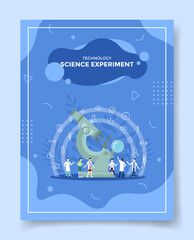 Poster - technology science experiment people scientist front big microscope for template of banners, flyer, books cover, magazines with liquid shape style