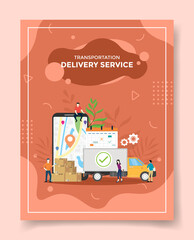 Poster - transportation delivery service people around truck delivery box package smartphone gps in screen display for template of banners, flyer