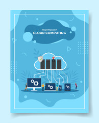 Fototapete - technology cloud computing people around server connection computer gear setting for template of banners, flyer, books cover, magazines with liquid shape style