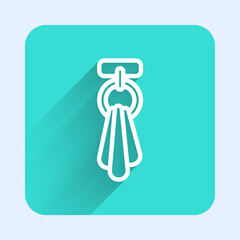 Sticker - White line Towel on a hanger icon isolated with long shadow. Bathroom towel icon. Green square button. Vector.