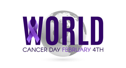 Wall Mural - World cancer day poster template with purple ribbon and earth icon.