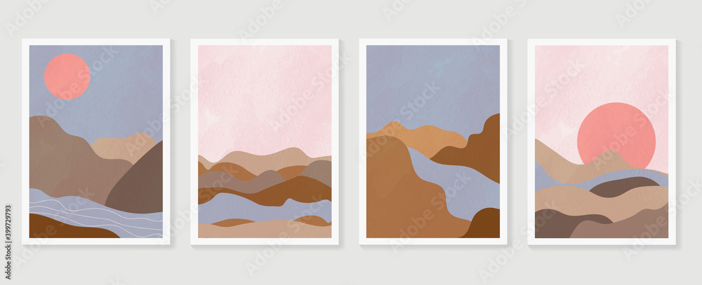 Mountain wall art vector set. Earth tones landscapes backgrounds set with moon and sun.  Abstract Arts design for wall framed prints, canvas prints, poster, home decor, cover, wallpaper.  - obrazy, fototapety, plakaty 