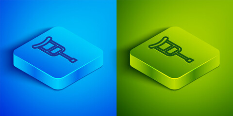 Sticker - Isometric line Crutch or crutches icon isolated on blue and green background. Equipment for rehabilitation of people with diseases of musculoskeletal system. Square button. Vector.