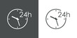 Icono de tiempo. Servicio de entrega. Tiempo de trabajo. Logotipo con reloj simple y 24 h con lineas en fondo gris y fondo blanco
