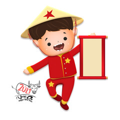 Wall Mural - 2021 Vietnamese New Year Tet illustration, buffalo, cute kid in traditional red shirt hold scroll, yellow hat, Lunar New Year. Hand drawn concept card, poster, banner.