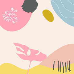 Poster - Abstract tropical background vector with palm leaf and shapes, lines and doodles in pastel colors