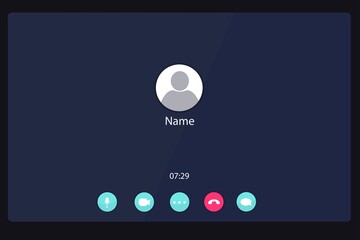 Application for video communication. Web interface with buttons for chat and video calls and video conferencing. Contact image on the screen of a computer, phone. Call window layout during quarantine.