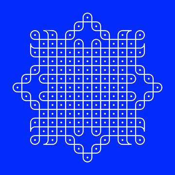 Rangoli or muggu or kolam is an art form originating in the Indian subcontinent. Patterns are created on the floor or the ground using materials such as limestone powder, rice powder or flower petals.