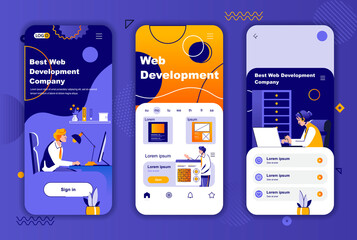 Web development unique design kit for social networks stories. Full stack software engineering, web design mobile screen templates. UI UX layouts vector illustration. GUI set with people characters.