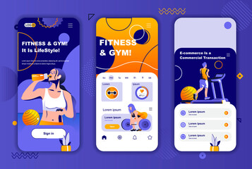 Poster - Fitness gym unique design kit for social networks stories. Sports club, healthy lifestyle and training mobile screens for app. UI UX layouts vector illustration. GUI set with people characters.