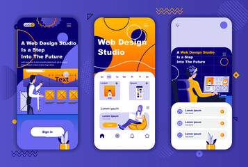 Poster - Web design studio unique design kit for social networks stories. Creative website design, prototyping and programming mobile screens. UI UX layouts vector illustration. GUI set with people characters.