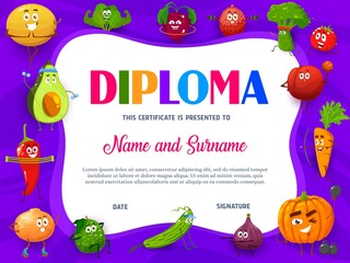 Wall Mural - Education school diploma with cartoon fruits and vegetables sportsmen. Kindergarten certificate with vector veggies carrot, pumpkin, onion. Kids award frame template with healthy food sports activity