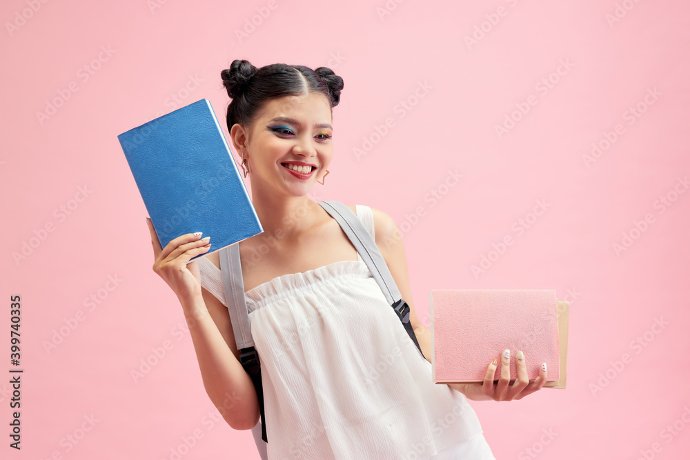 Profile side photo of positive girl hold copy books go walk classroom ...